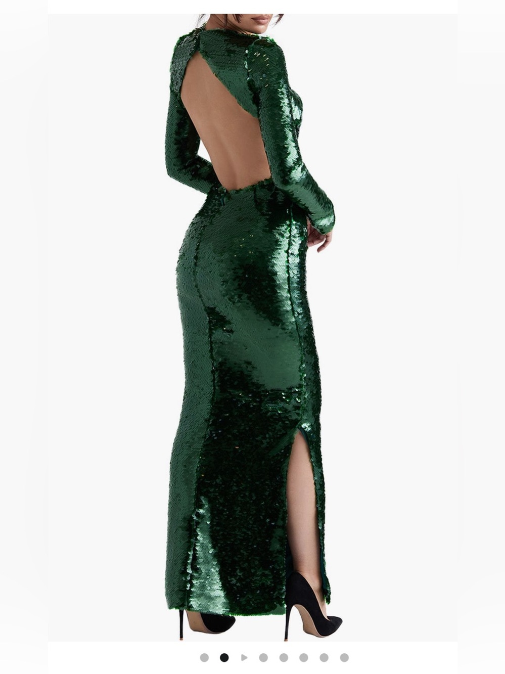 Belle Long Sleeve Open Back Sequin Maxi Dress in Emerald Green